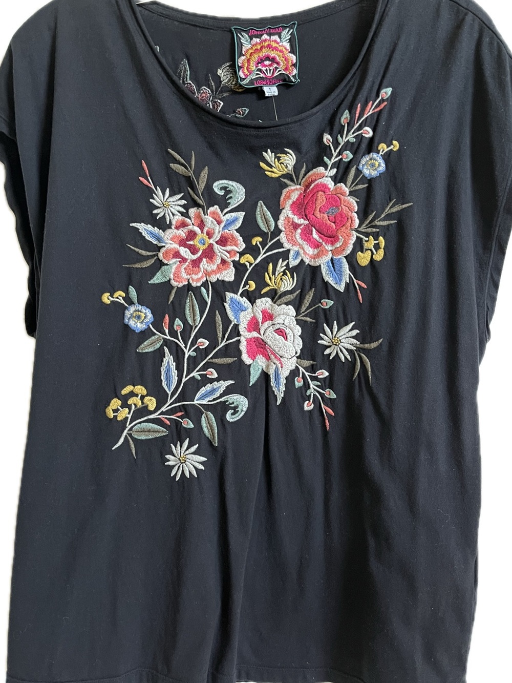 NWT Johnny Was “Assa” Black Floral Embroidered Cap Sleeve Tee